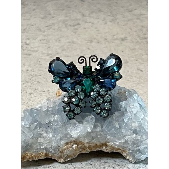 Weiss Jewelry - Vintage Weiss sign butterfly brooch blue green turquoise gunmetal pin figural